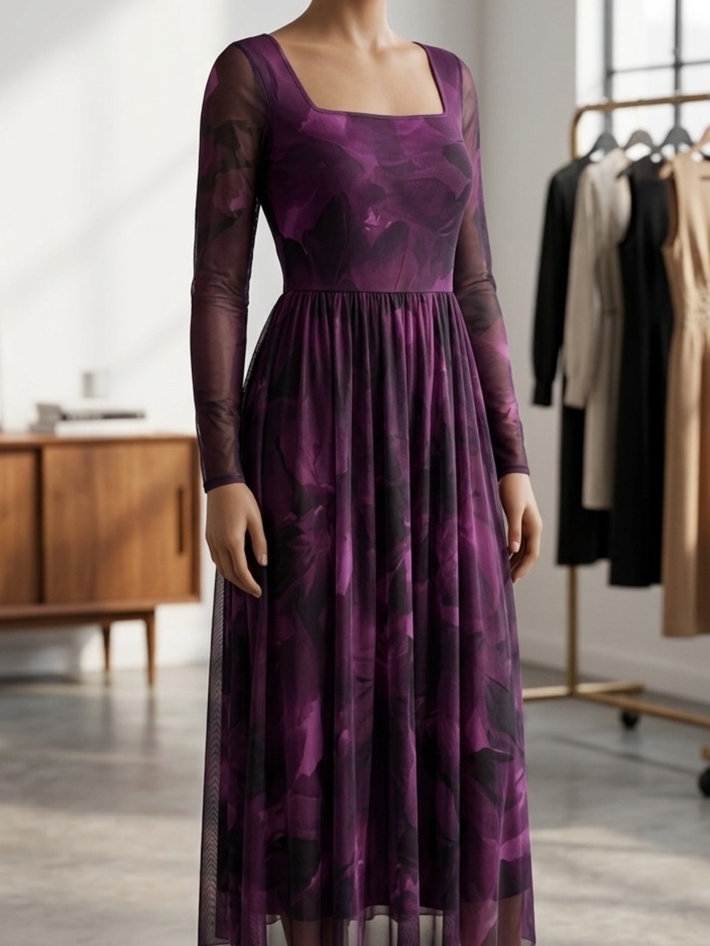 Women's Long Sleeve Purple Mesh Maxi Dress with Square Neck
